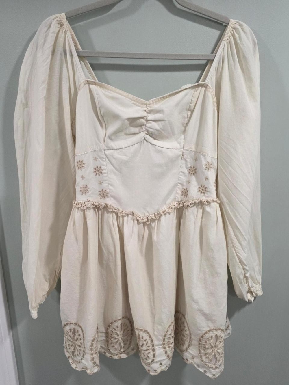 American Eagle Outfitters Cream Puff-Sleeve Embroidered Mini Dress